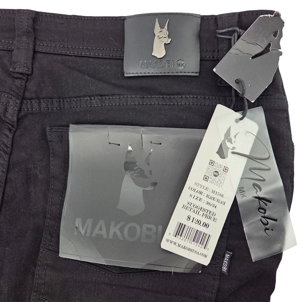 Makobi Biker Moto Jeans Mens 38x34 Black Distressed Slim‎ Streetwear Zip Pockets